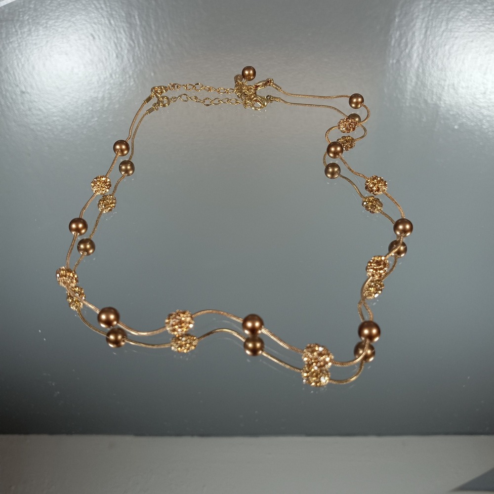 Elegant Gold Tone Double Strand Necklace with Bronze Beads and Crystal Accents